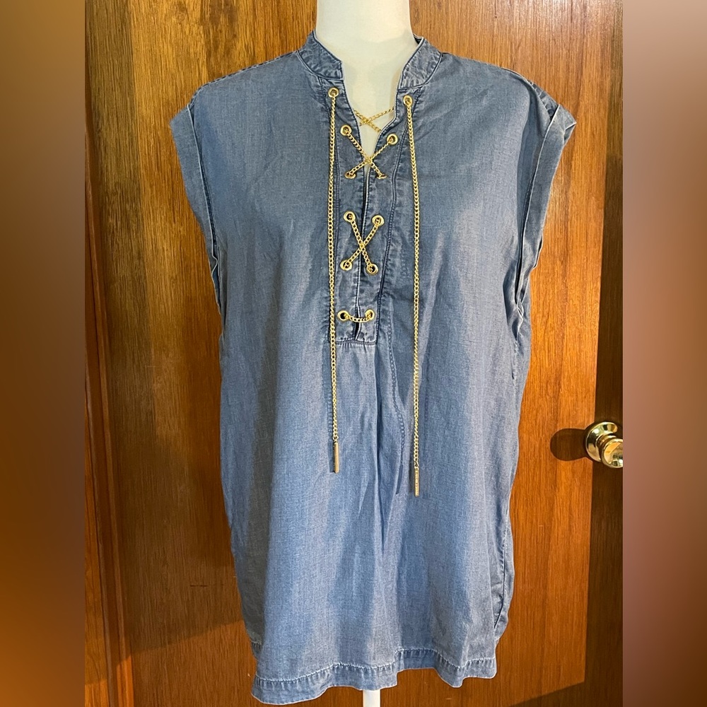 Michael Kors Lightweight Denim Gold Chain Lace Up Top